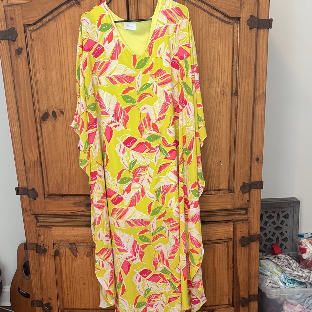 Adrienne Yellow and Pink Leaf Print Dress